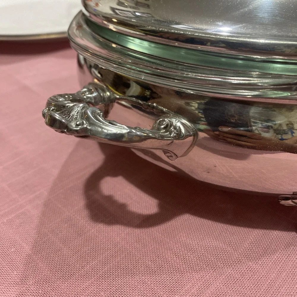 Vintage PYREX 2QT Silver Plated Chafing Dish Cradle Insert‎ & Cover